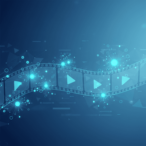 Illustration 3D fluide d'une pellicule numérique avec des icônes de lecture et des nœuds de données lumineux, symbolisant la compression vidéo.